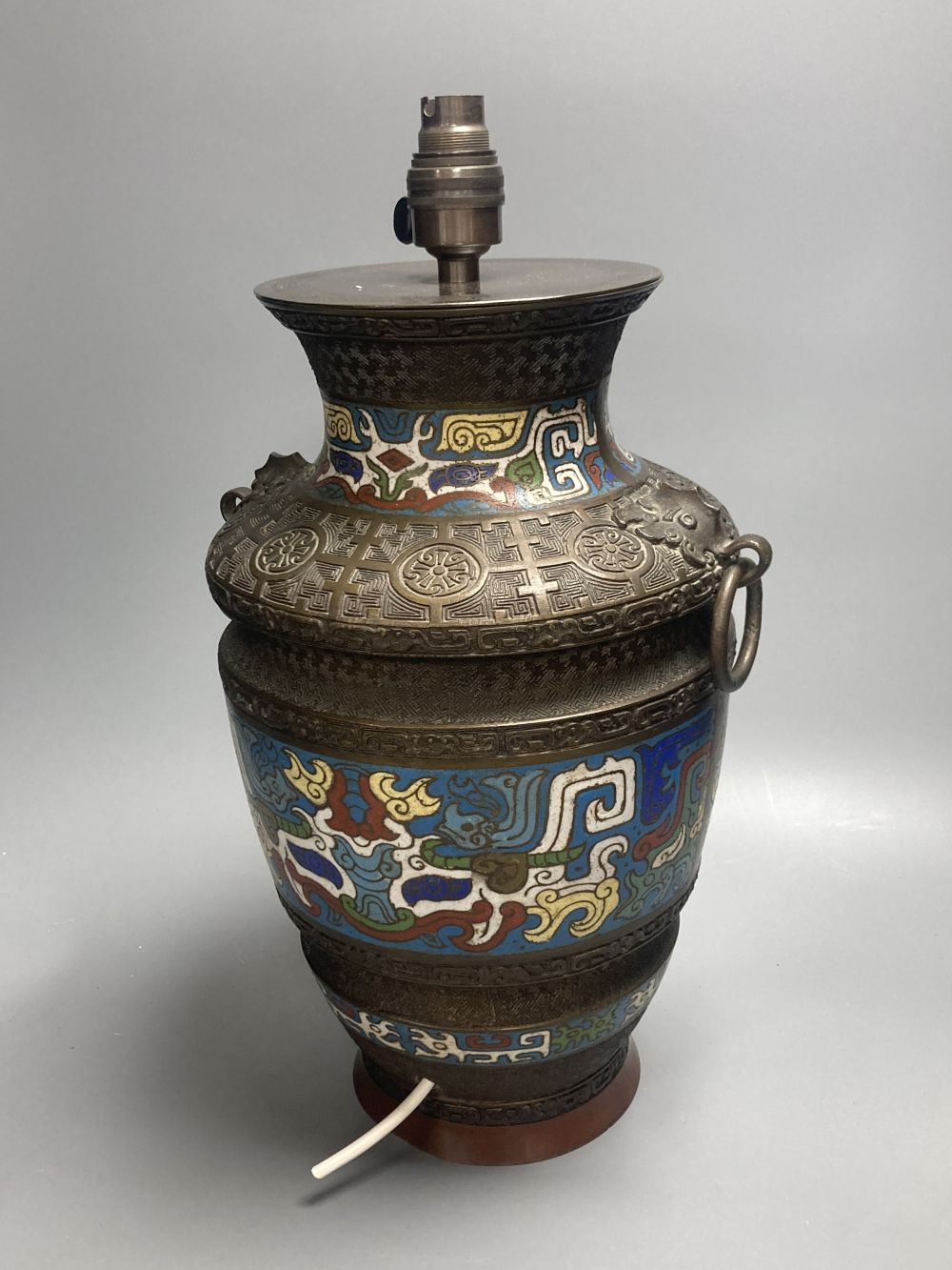 A Japanese bronze and cloisonne-enamelled vase, converted to a lamp, 37cm